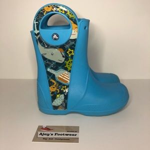 Crocs Kids Boots Blue Rain Mud Snow Pull On Handle